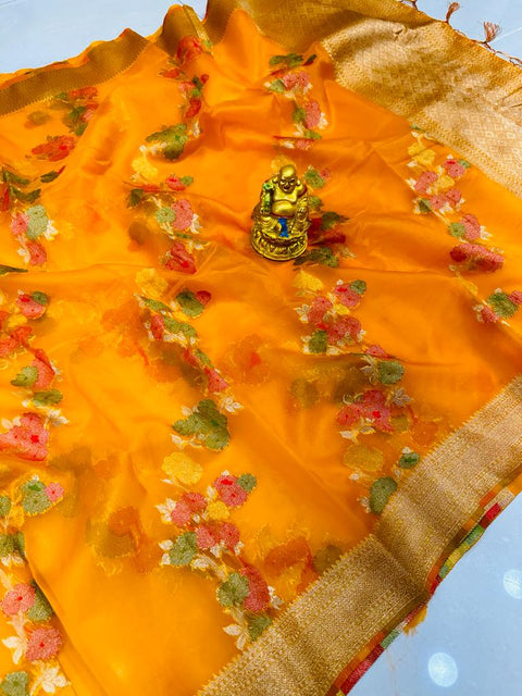 VastraLakshmi Dazzling Orange Organza Silk Saree with Adorning Blouse Piece