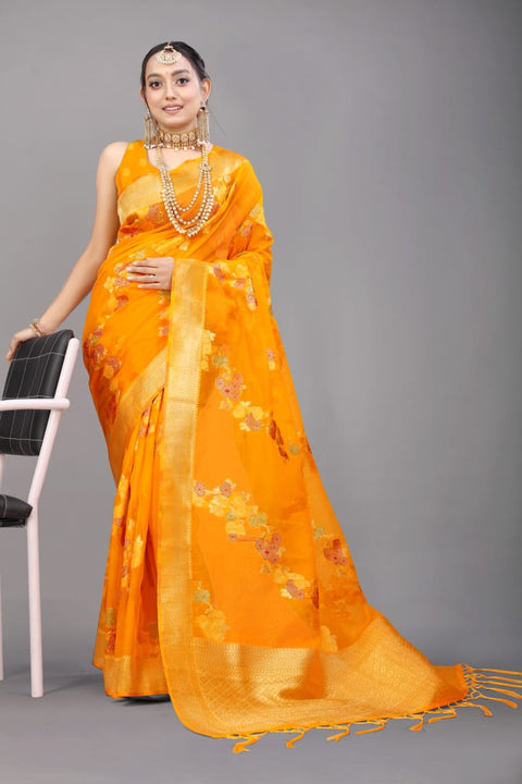 VastraLakshmi Dazzling Orange Organza Silk Saree with Adorning Blouse Piece