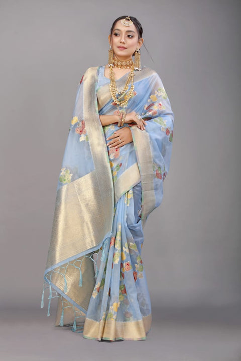 VastraLakshmi Appealing Sky Organza Silk Saree with Adorning Blouse Piece