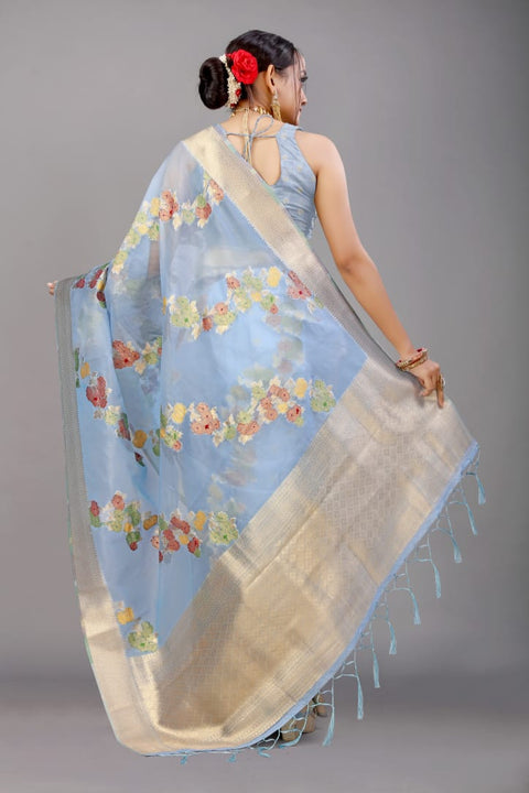 VastraLakshmi Appealing Sky Organza Silk Saree with Adorning Blouse Piece