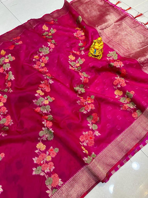 VastraLakshmi Breathtaking Wine Organza Silk Saree with Adorning Blouse Piece