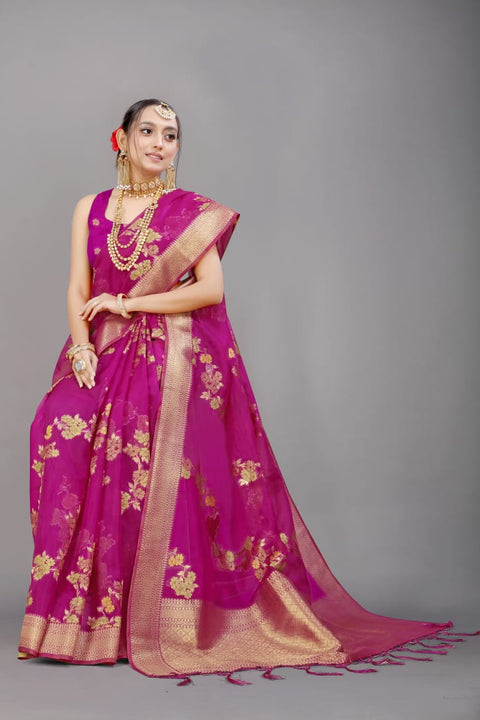 VastraLakshmi Breathtaking Wine Organza Silk Saree with Adorning Blouse Piece