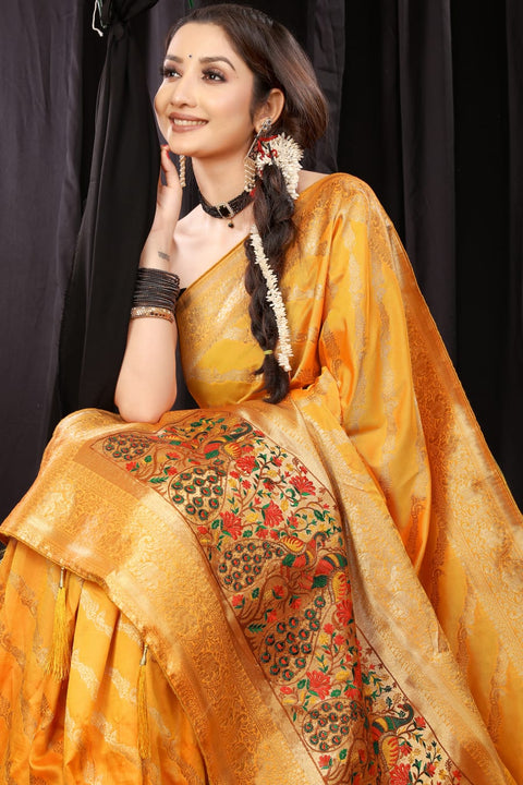 VastraLakshmi Elegant Mustard Banarasi Silk Saree With Amazing Blouse Piece