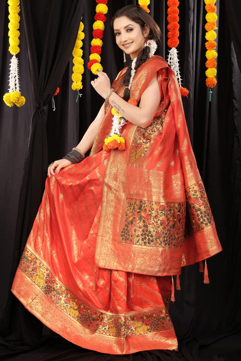 VastraLakshmi Extraordinary Orange Banarasi Silk Saree With Sophisticated Blouse Piece