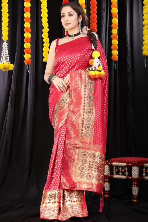 VastraLakshmi Gorgeous Dark Pink Banarasi Silk Saree With Stylish Blouse Piece