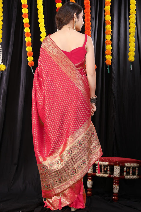 VastraLakshmi Gorgeous Dark Pink Banarasi Silk Saree With Stylish Blouse Piece