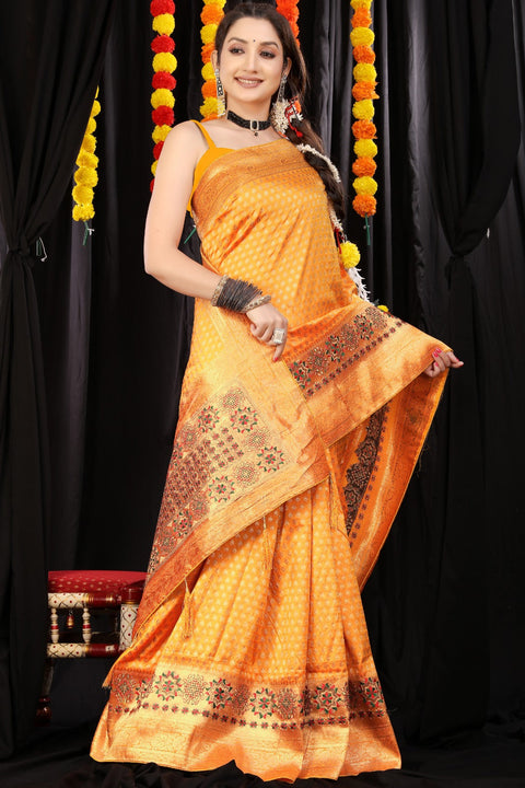 VastraLakshmi Intricate Yellow Banarasi Silk Saree With Charming  Blouse Piece