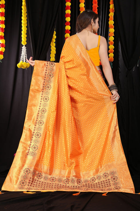 VastraLakshmi Intricate Yellow Banarasi Silk Saree With Charming  Blouse Piece