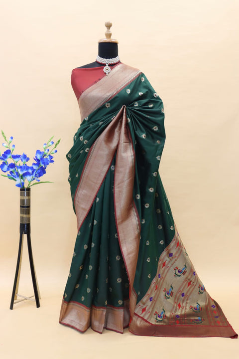 VastraLakshmi Diaphanous Dark Green Paithani Silk Saree With Beleaguer Blouse Piece