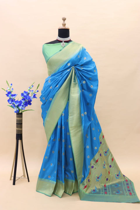 VastraLakshmi Elision Firozi Paithani Silk Saree With Petrichor Blouse Piece