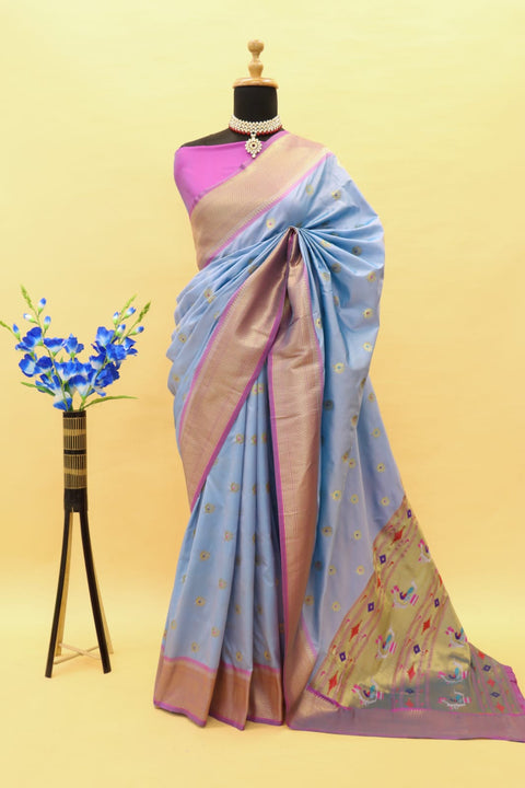 VastraLakshmi Splendorous Grey Paithani Silk Saree With Symmetrical Blouse Piece