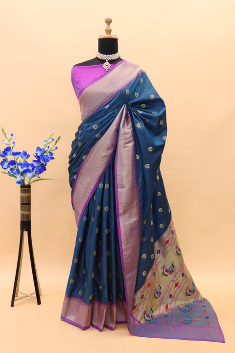 VastraLakshmi Magnetic Navy Blue Paithani Silk Saree With Redolent Blouse Piece