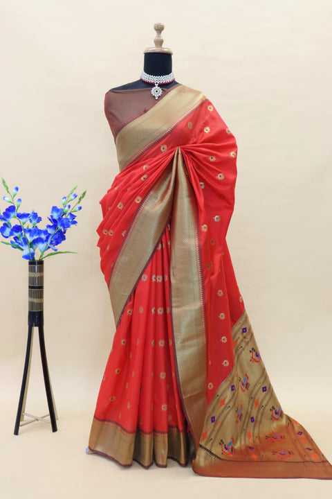 VastraLakshmi Incredible Red Paithani Silk Saree With Enchanting Blouse Piece