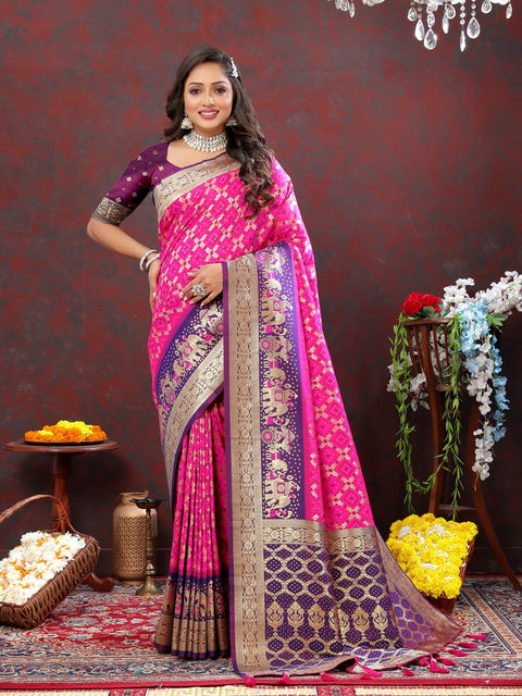 VastraLakshmi Stylish Dark Pink Patola Silk Saree with Grandiose Blouse Piece