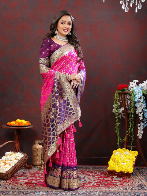 VastraLakshmi Stylish Dark Pink Patola Silk Saree with Grandiose Blouse Piece