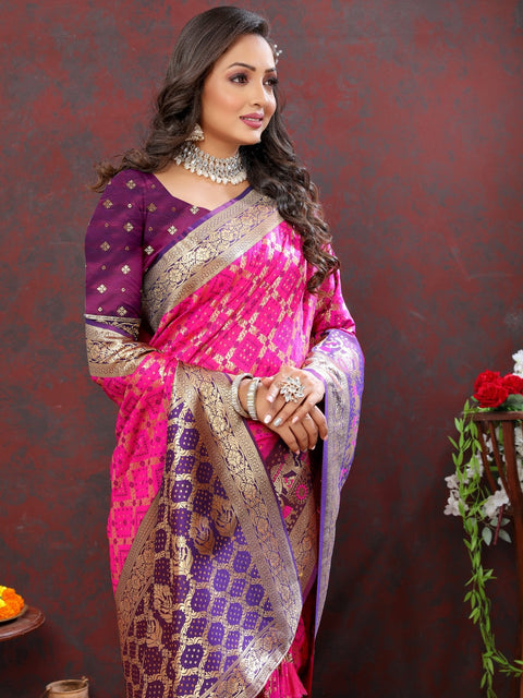 VastraLakshmi Stylish Dark Pink Patola Silk Saree with Grandiose Blouse Piece