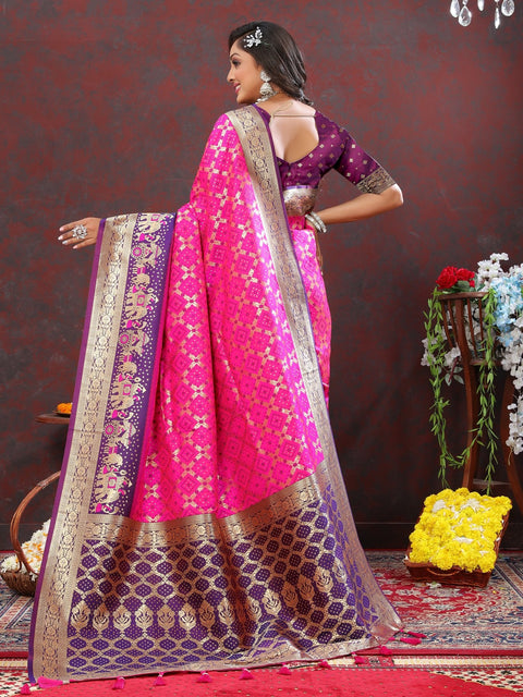 VastraLakshmi Stylish Dark Pink Patola Silk Saree with Grandiose Blouse Piece