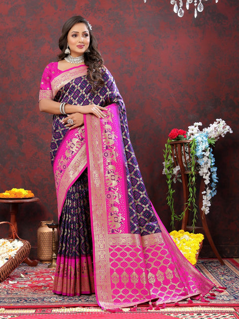 VastraLakshmi Beautiful Navy Blue Patola Silk Saree with Cynosure Blouse Piece