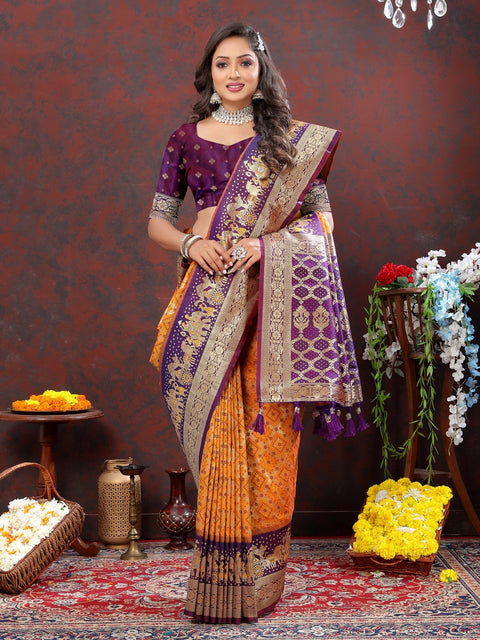 VastraLakshmi Desiring Orange Patola Silk Saree with Rhapsody Blouse Piece