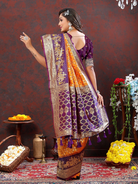 VastraLakshmi Desiring Orange Patola Silk Saree with Rhapsody Blouse Piece