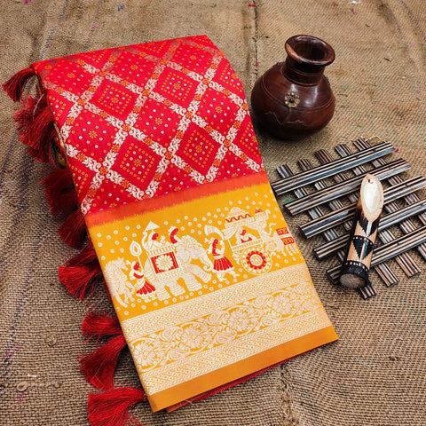 VastraLakshmi Groovy Red Patola Silk Saree with Scintillating Blouse Piece