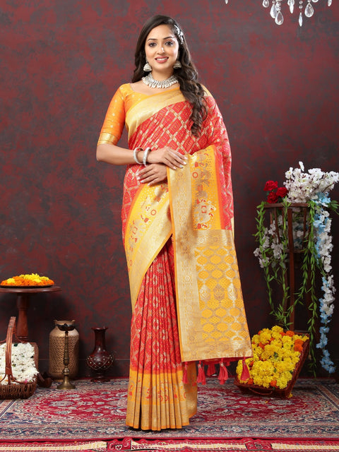 VastraLakshmi Groovy Red Patola Silk Saree with Scintillating Blouse Piece