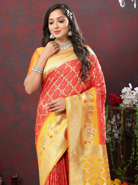 VastraLakshmi Groovy Red Patola Silk Saree with Scintillating Blouse Piece