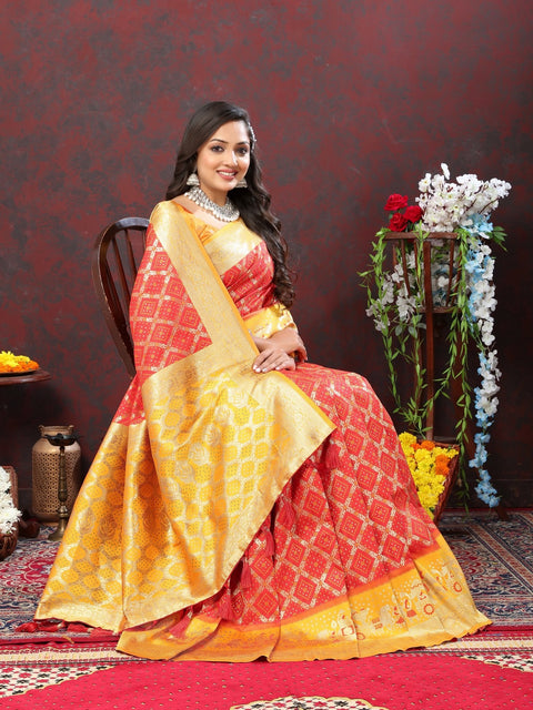 VastraLakshmi Groovy Red Patola Silk Saree with Scintillating Blouse Piece