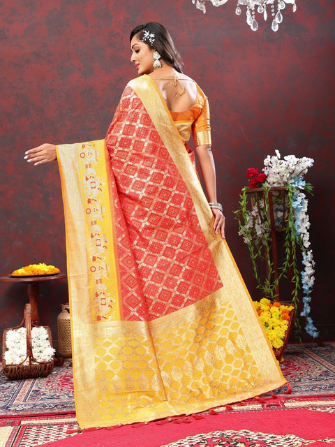 VastraLakshmi Groovy Red Patola Silk Saree with Scintillating Blouse Piece