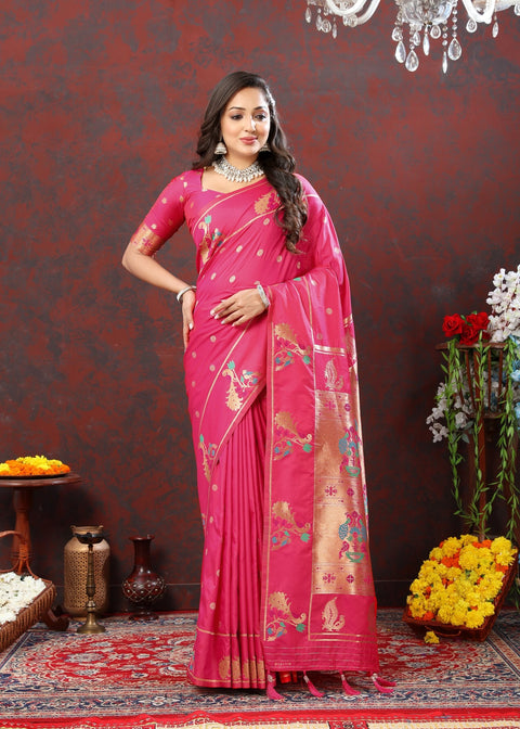 VastraLakshmi Epiphany Dark Pink Paithani Silk Saree With Ornate Blouse Piece