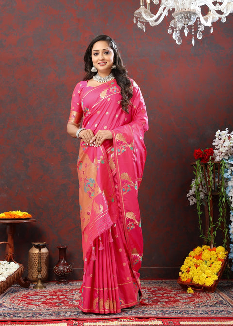 VastraLakshmi Epiphany Dark Pink Paithani Silk Saree With Ornate Blouse Piece