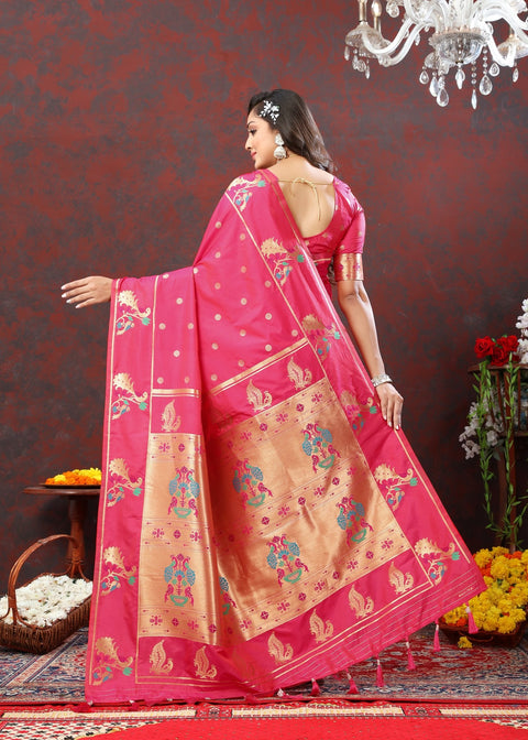 VastraLakshmi Epiphany Dark Pink Paithani Silk Saree With Ornate Blouse Piece