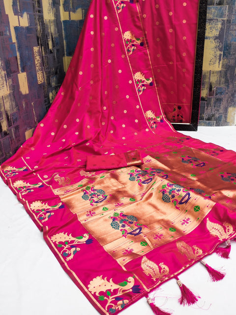 VastraLakshmi Epiphany Dark Pink Paithani Silk Saree With Ornate Blouse Piece