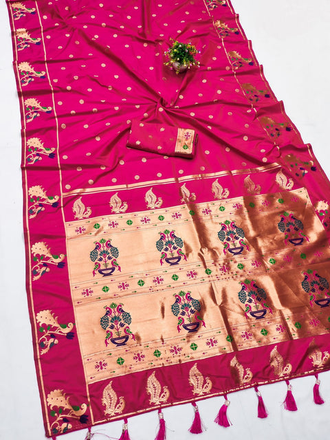 VastraLakshmi Epiphany Dark Pink Paithani Silk Saree With Ornate Blouse Piece