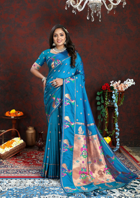 VastraLakshmi Epiphany Firozi Paithani Silk Saree With Piquant Blouse Piece