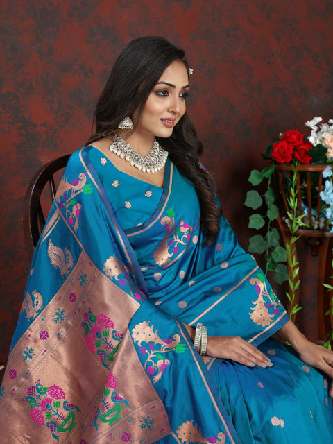 VastraLakshmi Epiphany Firozi Paithani Silk Saree With Piquant Blouse Piece