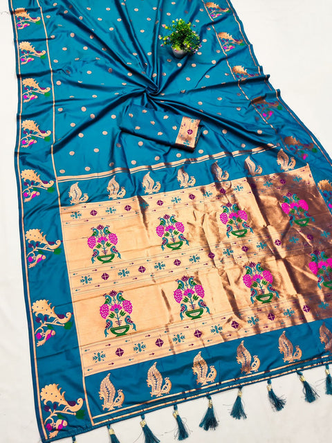 VastraLakshmi Epiphany Firozi Paithani Silk Saree With Piquant Blouse Piece