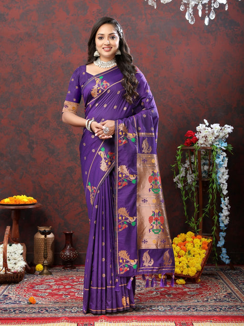 VastraLakshmi Susurrous Purple Paithani Silk Saree With Whimsical Blouse Piece