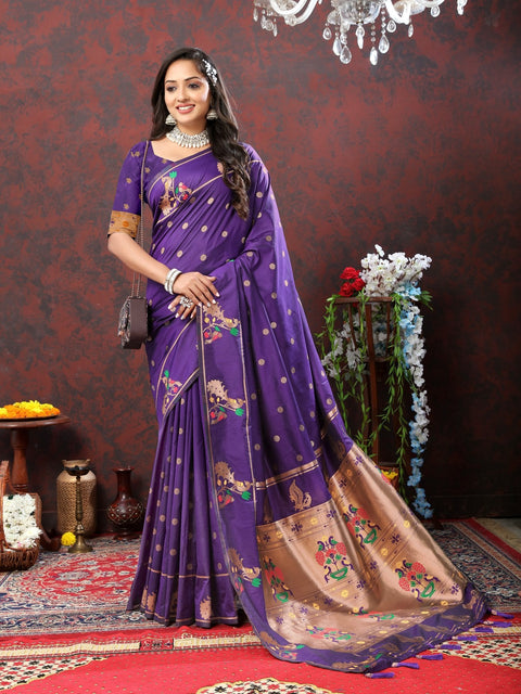 VastraLakshmi Susurrous Purple Paithani Silk Saree With Whimsical Blouse Piece