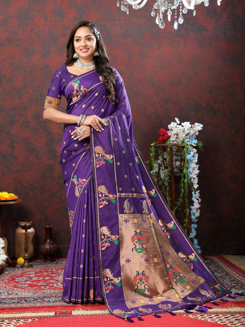 VastraLakshmi Susurrous Purple Paithani Silk Saree With Whimsical Blouse Piece