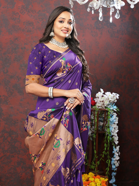 VastraLakshmi Susurrous Purple Paithani Silk Saree With Whimsical Blouse Piece