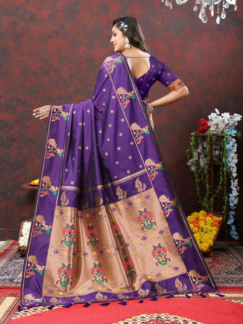 VastraLakshmi Susurrous Purple Paithani Silk Saree With Whimsical Blouse Piece