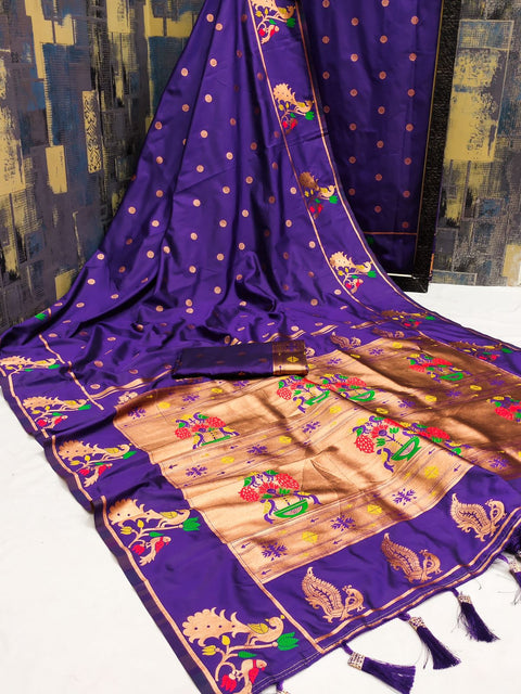 VastraLakshmi Susurrous Purple Paithani Silk Saree With Whimsical Blouse Piece