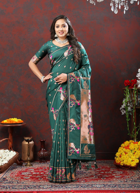 VastraLakshmi Artistic Rama Paithani Silk Saree With Enamoring Blouse Piece