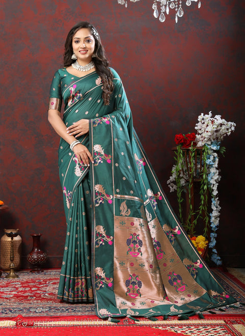 VastraLakshmi Artistic Rama Paithani Silk Saree With Enamoring Blouse Piece