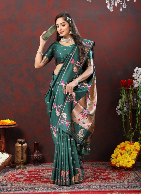 VastraLakshmi Artistic Rama Paithani Silk Saree With Enamoring Blouse Piece