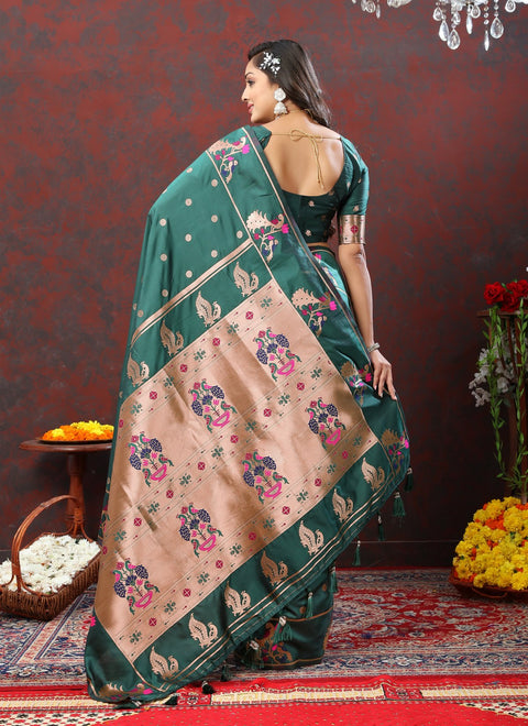 VastraLakshmi Artistic Rama Paithani Silk Saree With Enamoring Blouse Piece