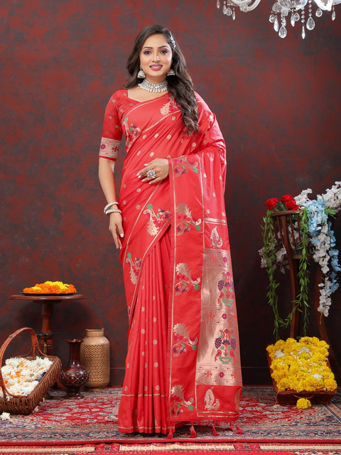 VastraLakshmi Exuberant Red Paithani Silk Saree With Lustrous Blouse Piece