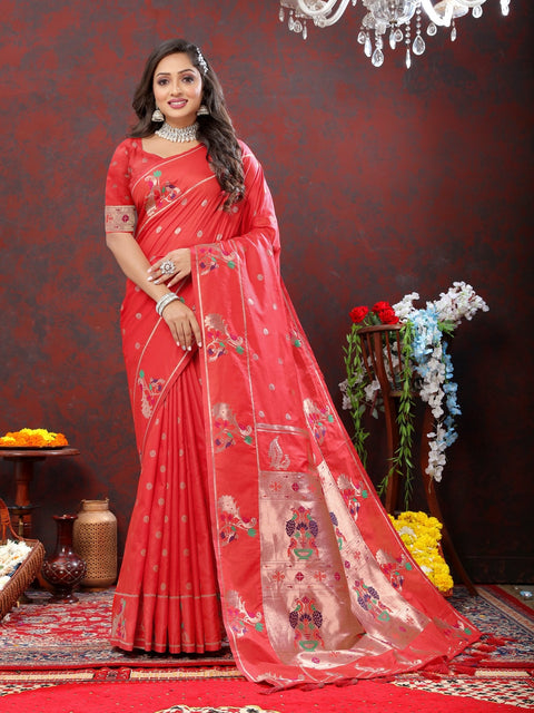 VastraLakshmi Exuberant Red Paithani Silk Saree With Lustrous Blouse Piece