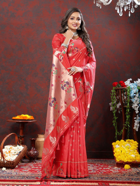 VastraLakshmi Exuberant Red Paithani Silk Saree With Lustrous Blouse Piece